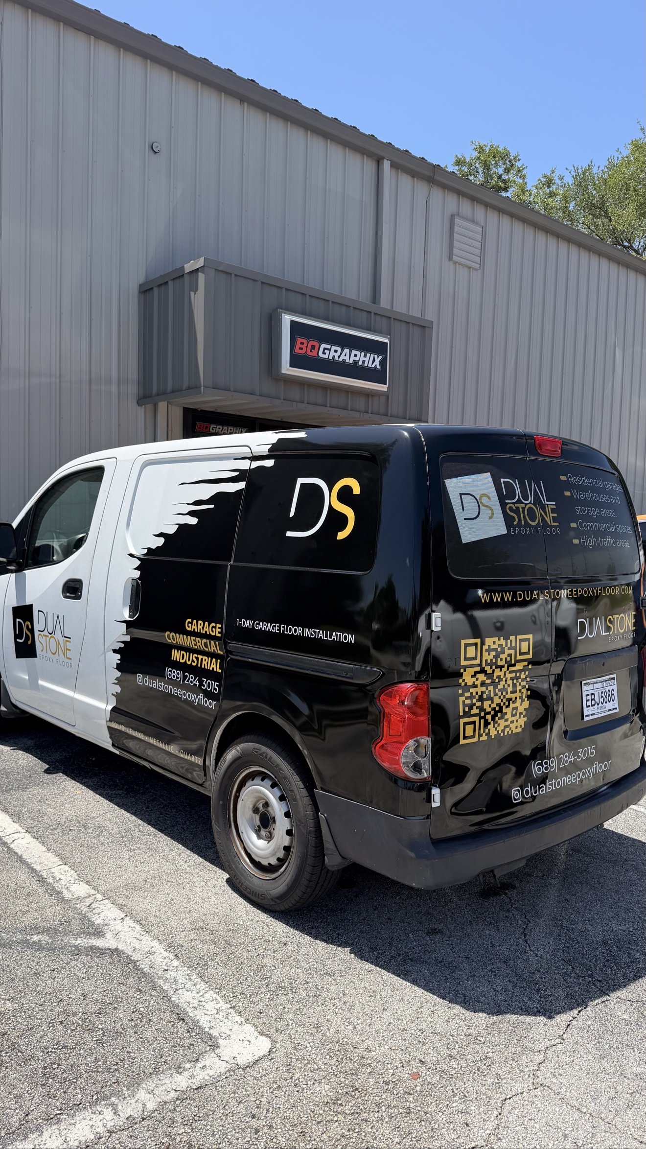 Nissan NV200 van with a black and gold partial wrap for Dual Stone Epoxy Floor, parked at the BQ Graphix shop