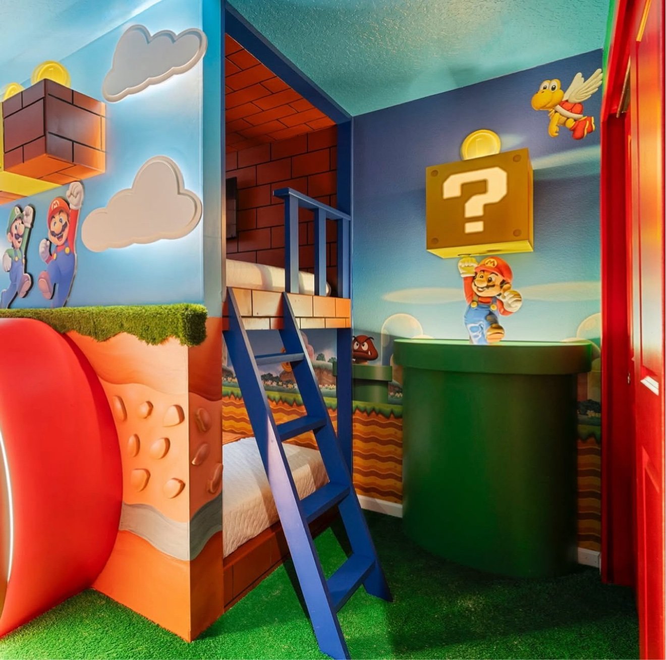 Super Mario themed room with a bunk bed ladder, a giant green warp pipe and Mario under a question block