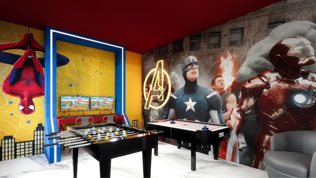 Avengers themed game room with a full superhero wall mural