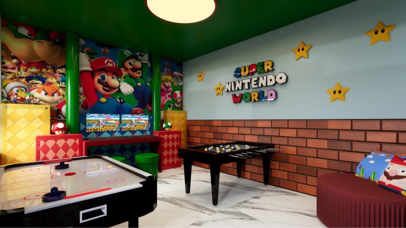 Nintendo themed game room with colorful wall graphics
