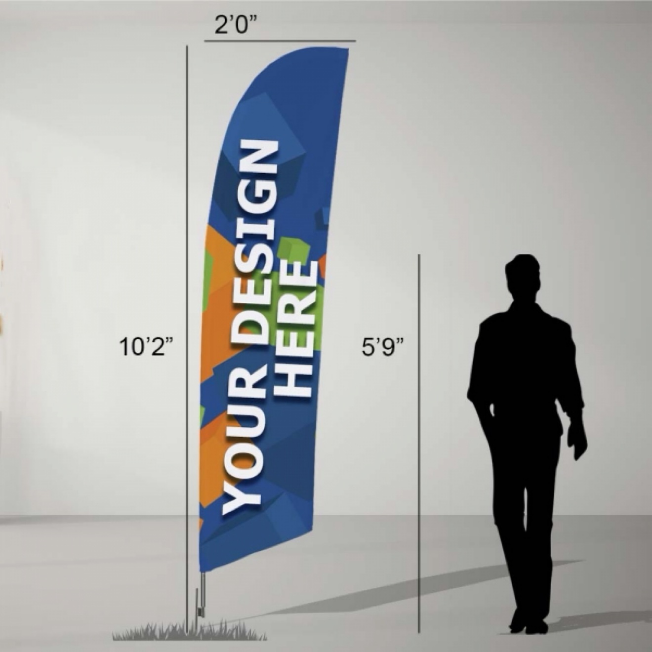 Feather flag with a custom design next to a person silhouette for scale, measuring 2 feet wide by 10 feet 2 inches tall