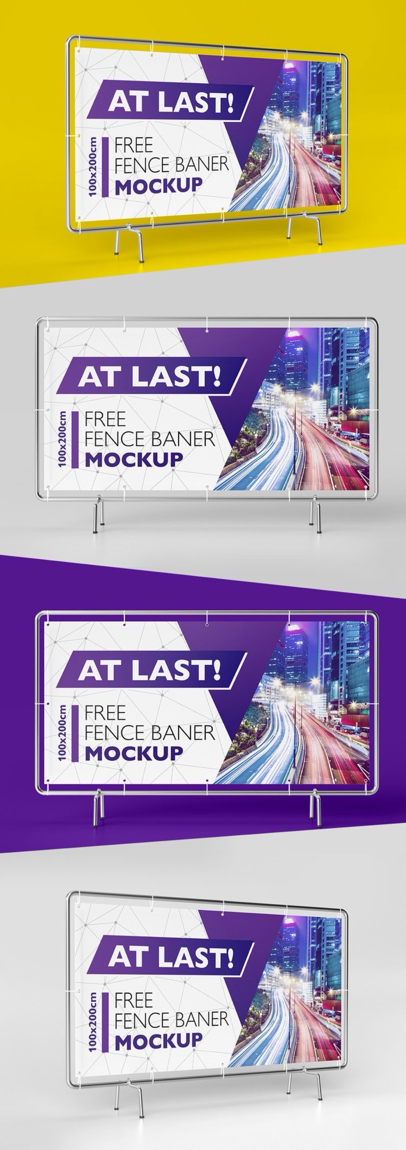 Large horizontal fence banner mounted in a metal frame, shown from several angles