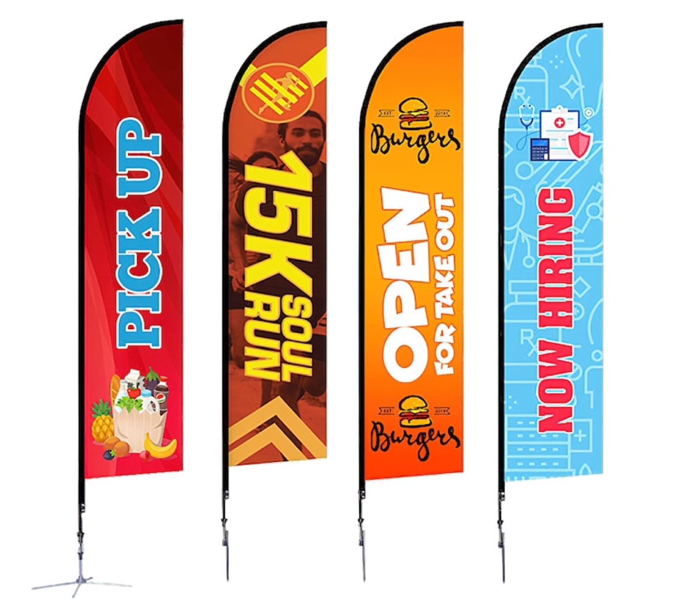 Four feather flags with custom designs reading Pick Up, 15K Soul Run, Open for Take Out and Now Hiring