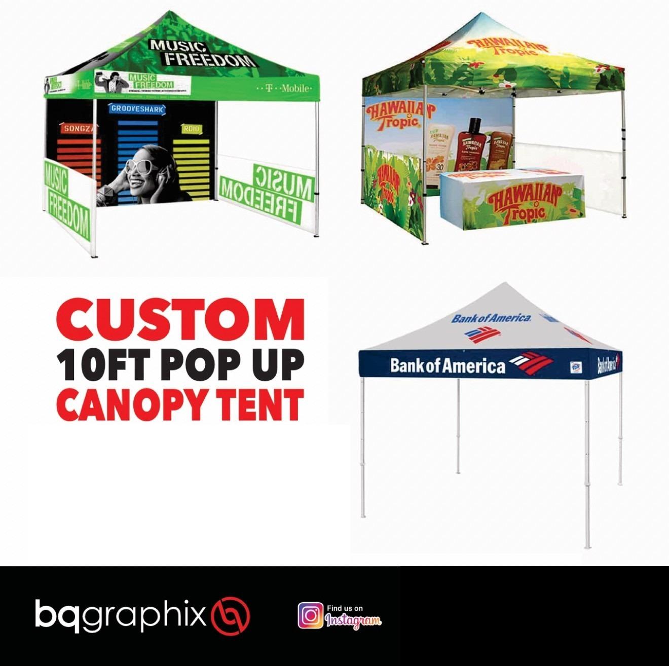 Three custom printed 10-foot pop-up canopy tents with full-color branded canopies and walls